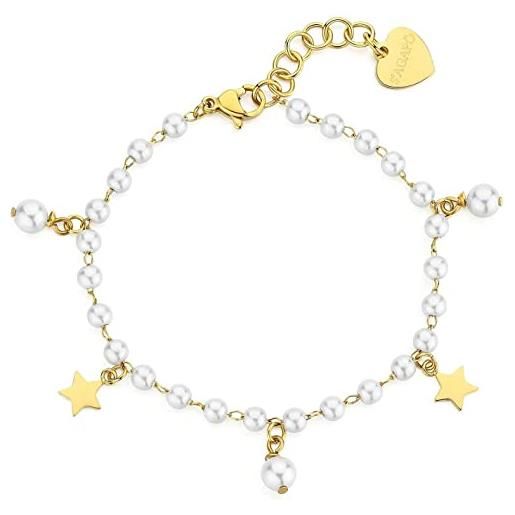 S'AGAPÕ bracciale in acciaio con perle e pendenti a forma di stella da donna del brand s'agapò della collezione wisdom. Finitura color oro, misura: 190mm. La referenza è swi12