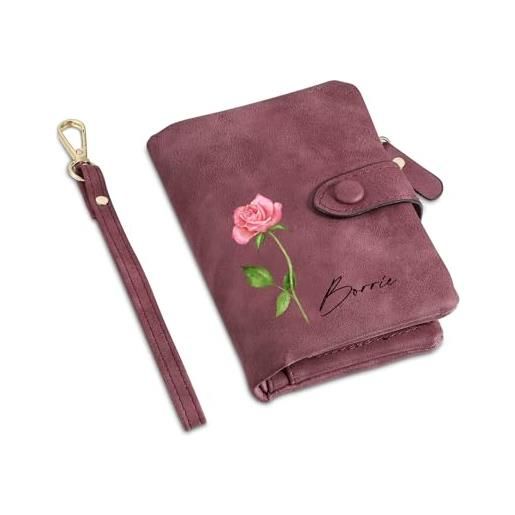 Presentimental portafoglio donna personalizzato portafoglio in pelle con nome fiore di compleanno regalo per donna mamma moglie amica figlia (viola)