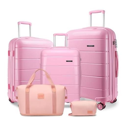 Kono set di 5 valigie da cabina, medio/grande, con borsa da viaggio e borsa da toeletta, trolley rigido in polipropilene leggero con serratura tsa sicura, rosa, set of 5pcs, alla moda