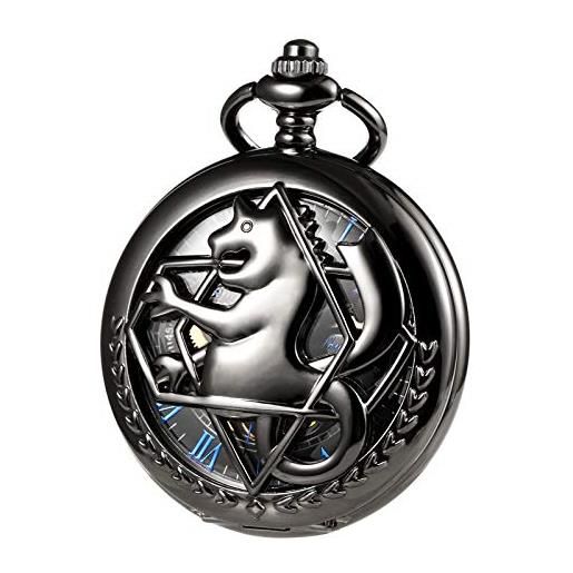 TREEWETO orologio da tasca unisex meccanico a doppio ponte in metallo alchemist scheletro steampunk per uomo donna con catena