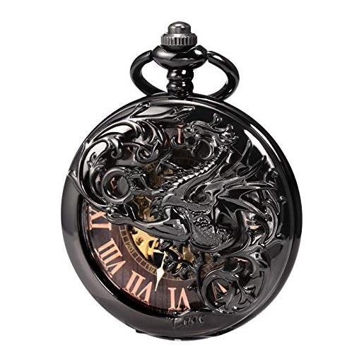 TREEWETO orologio da taschino da uomo con drago antico e scheletro meccanico nero/bronzo, doppia cassa con, nero , antico