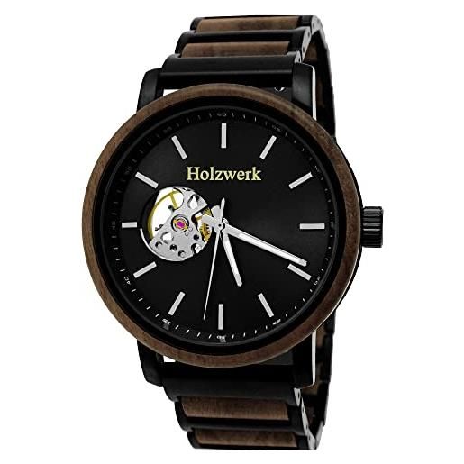 Holzwerk Germany orologio da uomo, realizzato a mano, ecologico, in legno, automatico, analogico, al quarzo, marrone, nero, blu, bracciale