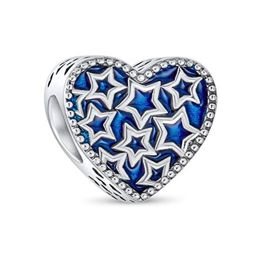 Bling Jewelry holiday american usa patriotic celestial midnight blue sky multi stars heart shape charm bead per donne adolescenti. 925 argento adatto a bracciale europeo