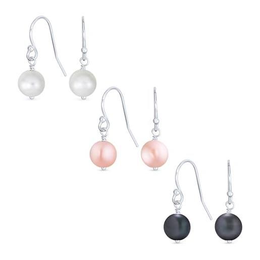 Bling Jewelry set classico di 3 orecchini a goccia pendenti con perle coltivate d'acqua dolce bianche nere e rosa da 8 mm con perle sferiche ganci francesi in argento sterling. 925 per donne