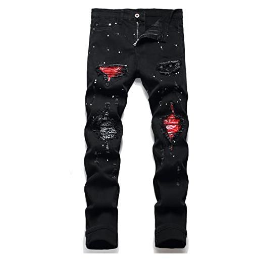 OIIIO jeans da uomo con toppa strappata elasticizzata vestibilità regolare, 6616-nero, 48