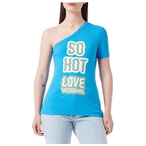 Love Moschino t-shirt aderente in cotone elasticizzato a coste con stampa so hot, azzurro, 46 donna