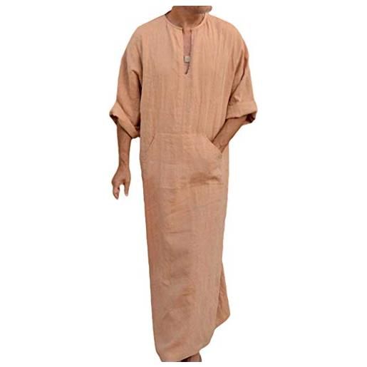 Mxssi men's ethnic robe - manica corta vintage kaftan arabia saudita mediorientale thobe estate v-collo cotone lino tunic top eleganti casual kaftan con tasche