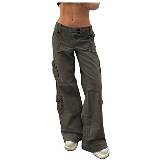 LZPCarra jeans da donna a vita bassa, pantaloni cargo da donna, y2k, con gamba larga, stile vintage, oversize, pantaloni cargo per adolescenti, ragazze, grigio. , s