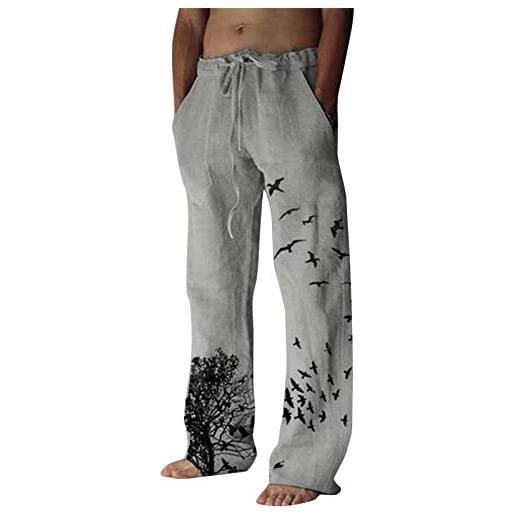 Generic pantaloni da uomo dritti casual in vita elastica con coulisse yoga beach bottoms con tasche in lino, pantaloni larghi da yoga e pilates, grigio, xl