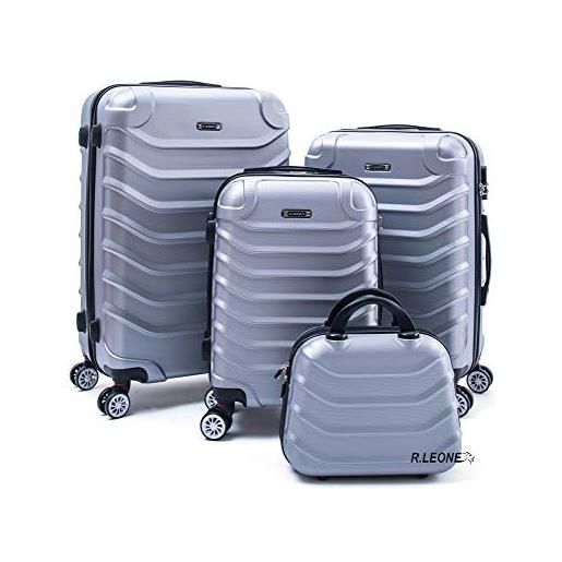 R.Leone valigia fino a set 4 trolley rigido grande, medio, bagaglio a mano e beauty case 4 ruote in abs 2026 (argento, set 4 xs s m l)