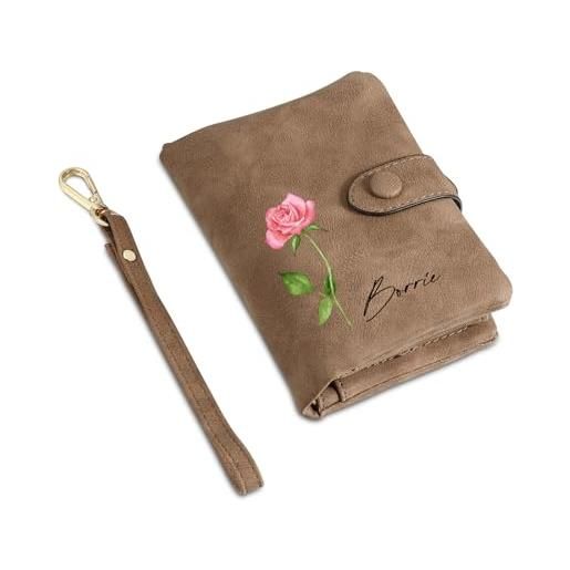Presentimental portafoglio donna personalizzato portafoglio in pelle con nome fiore di compleanno regalo per donna mamma moglie amica figlia (marrone)