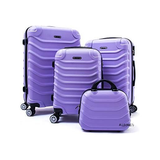 R.Leone valigia set 4 trolley rigido grande, medio, bagaglio a mano e beauty case 8 ruote in abs 2026 (lilla, set 4 xs s m l)