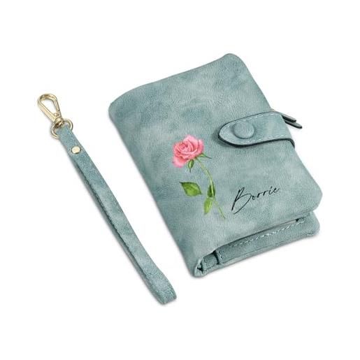Presentimental portafoglio donna personalizzato portafoglio in pelle con nome fiore di compleanno regalo per donna mamma moglie amica figlia (verde)