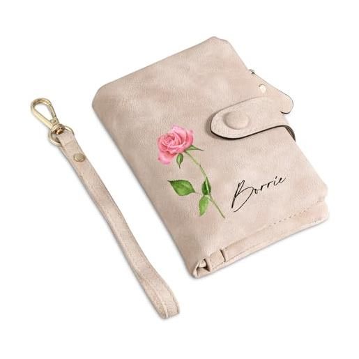 Presentimental portafoglio donna personalizzato portafoglio in pelle con nome fiore di compleanno regalo per donna mamma moglie amica figlia (rosa)