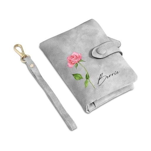 Presentimental portafoglio donna personalizzato portafoglio in pelle con nome fiore di compleanno regalo per donna mamma moglie amica figlia (grigio)