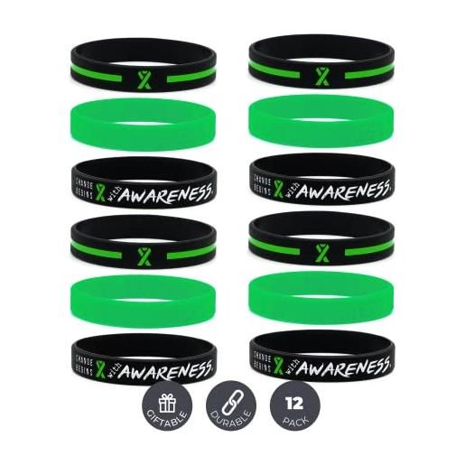 Inkstone pack of 12, braccialetti con nastro di consapevolezza verde, braccialetti in gomma siliconica per simboleggiare speranza, coraggio, forza e sostegno - unisex per uomo donna