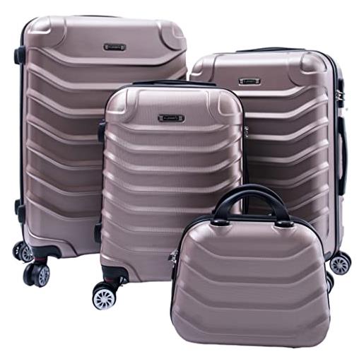 R.Leone valigia da 1 fino a set 4 trolley rigido grande, medio, bagaglio a mano e beauty case 8 ruote in abs 2026 (rose gold, set 4 xs s m l)