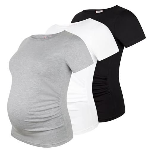 M.M.C. set di 3 magliette premaman in tinta unita per gravidanza, maglietta a maniche corte, nero, bianco, grigio chiaro, l