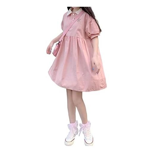 IJNHYTG abito japan style women dress cartoon bear print puff sleeve turn-down collar kawaii dress women summer a-line mini dress (color: pink, size: xx-large)