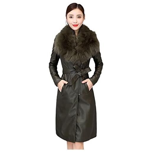 Alloaone giacca in pelle da donna inverno caldo slim grande collo di pelliccia lungo cappotto in pelle con cintura, en8, m