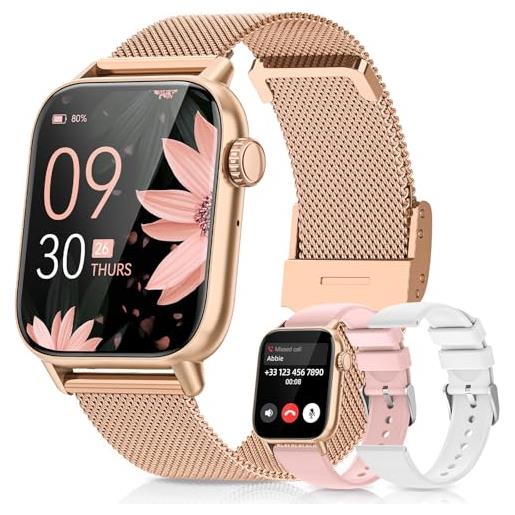 BANLVS smartwatch donna con chiamate, 1.85 orologio smartwatch 3 cinturini 110+ modalità sportive con spo2/sonno/contapassi, impermeabile ip68 fitness tracker per ios android, oro