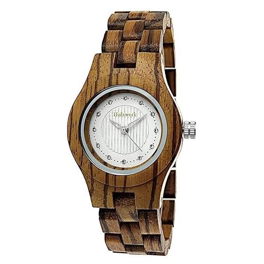 Holzwerk Germany orologio da donna realizzato a mano moderno alla moda, ecologico, in legno, marrone e bianco, con strass, analogico, classico orologio al quarzo, marrone. , bracciale