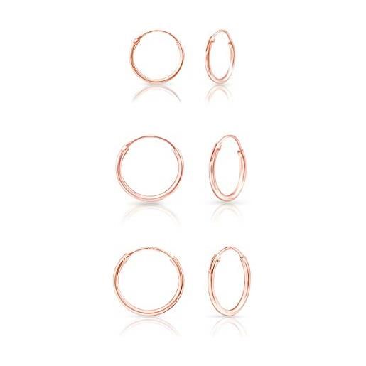 DTPsilver® set orecchini cerchio argento 925 placcato oro rosa - orecchini cerchio donna argento 925 - set da 3 paia orecchini a cerchio piccoli - spessore 1.5 mm - diametro 12, 14, 16 mm