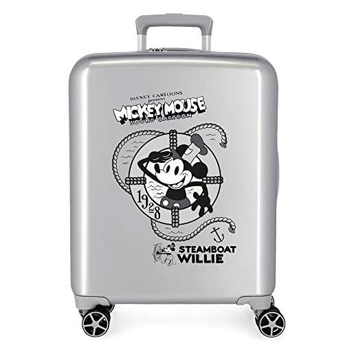 Disney 100 mickey steamboad valigia cabina grigia 40x55x20 cm abs rigido lucchetto tsa integrato 38.4l 2 kg 4 doppie ruote bagaglio a mano