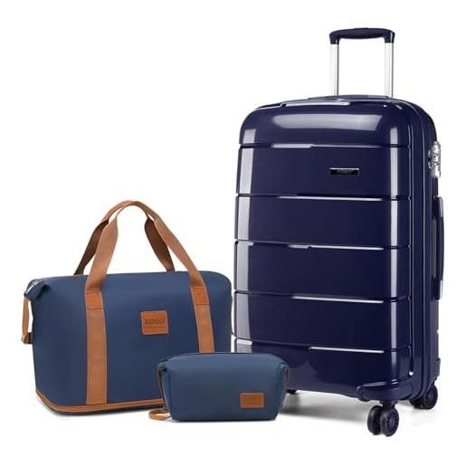 Kono set di 3 valigie a mano da 55 x 40 x 20 pollici con borsa da viaggio e beauty case, valigia da viaggio leggera in polipropilene con blocco sicuro tsa, navy, luggage set of 3pcs, moda
