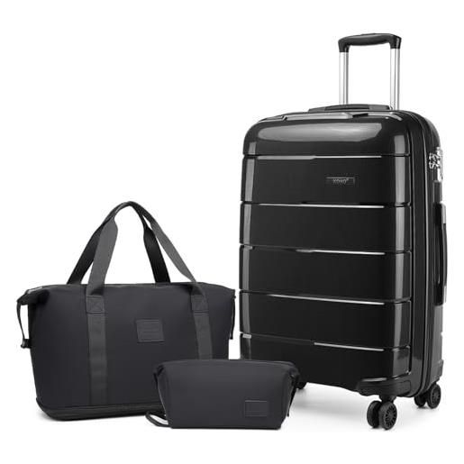 Kono set di 3 valigie da viaggio da 55 x 40 x 20 cm, bagaglio a mano con borsa da viaggio e borsa da toeletta, in polipropilene leggero, trolley da viaggio con serratura tsa sicura, bk, luggage set of