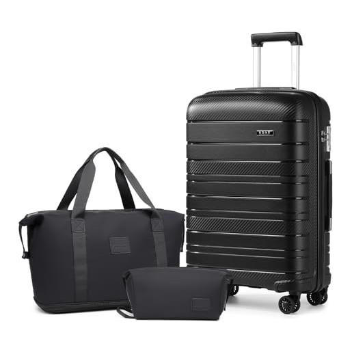 Kono set di 4 bagagli a mano con beauty case, include 1 borsa da viaggio e 1 borsa da toilette in polipropilene leggero 55 x 40 x 20, nero, 24'' luggage set, 2k2091l bk 24+2ea2212 bk