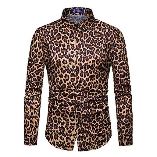 Oneforus uomo casuale manica lunga top sottile clubwear leopardato camicia