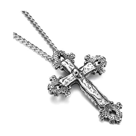 GTHIC collane con ciondolo a forma di croce con teschio in acciaio inossidabile gotico per uomo e donna, regalo di gioielli vintage, collana in argento da 60 cm