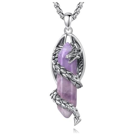 EUDORA Harmony Ball collana con ciondolo drago ametista per donna uomo, prisma esagonale ametista pietra curativa amuleto energetico gioielli drago regalo per mamma, 20+2