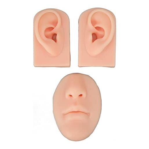 Kufoo morbido silicone orecchio naso bocca per praticare la sutura, 3d flessibile modello in silicone facciale per l'esposizione degli orecchini naso, gomma pratica del piercing (colore della pelle chiara)