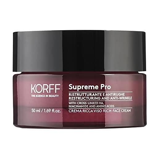 Korff supreme pro crema viso ricca, ristrutturante e antirughe, con acido ialuronico, per pelle secca o molto secca, confezione da 50 ml