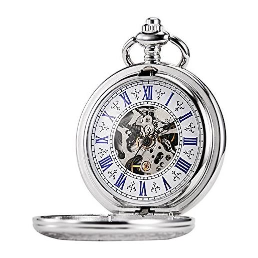 TREEWETO orologio da tasca con catena da uomo, analogico, a carica manuale, con scheletro anticato, colore: argento, silber073, nan