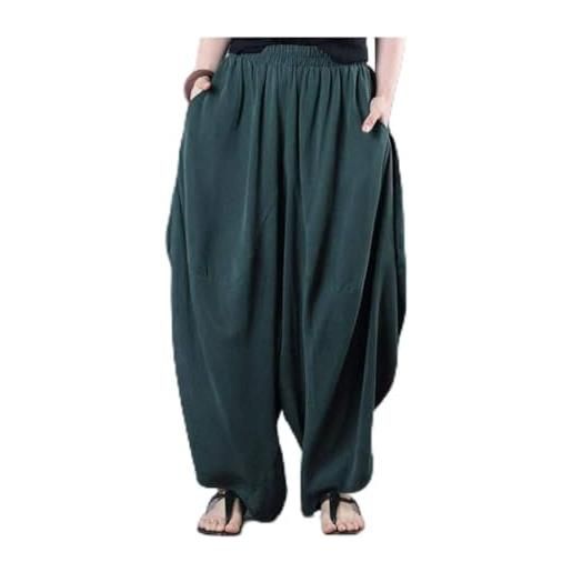AOSUAI pantaloni larghi pantalone plus size elastico in vita allentati a gamba larga pantaloni donna cotone lino vintage solid rigonfio harem dei pantaloni (color: green, size: 3xl. )