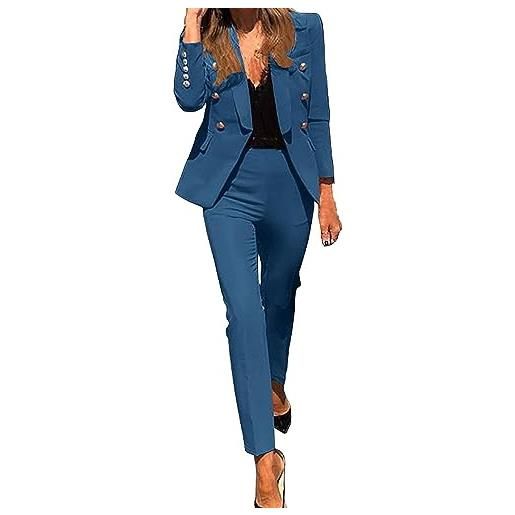 Yeooa tuta elegante da donna per l'ufficio formale classica casual giacca a tinta unita con chiusura a bottoni blazer pantaloni a matita set di due pezzi (blu, l)