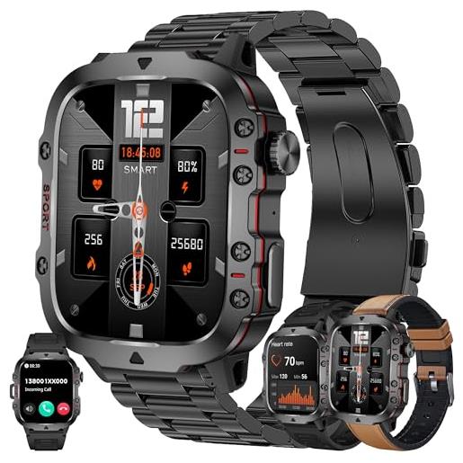 SGDDFIT 1,96'' amoled smartwatch uomo con chiamate bluetooth, 2024 nuovo orologio fitness con 24/7 monitor temperatura corporea sonno e cardiofrequenzimetro, spo2, orologio sportivo 3atm ios android (marrone)