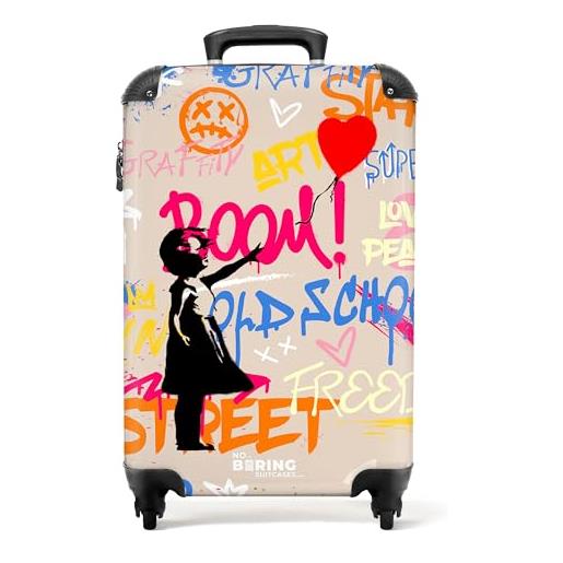 NoBoringSuitcases.com © valigia rigida con ruote, trolley, bagaglio a mano, 4 ruote, lucchetto tsa (ragazza con palloncino davanti a graffiti, 55x40x20 cm)