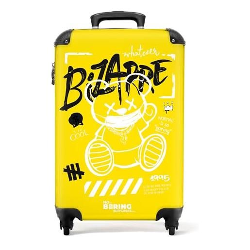 NoBoringSuitcases.com © valigia rigida con ruote, trolley, bagaglio a mano, 4 ruote, lucchetto tsa (arte graffiti di un orsacchiotto su sfondo giallo, 55x40x20 cm)