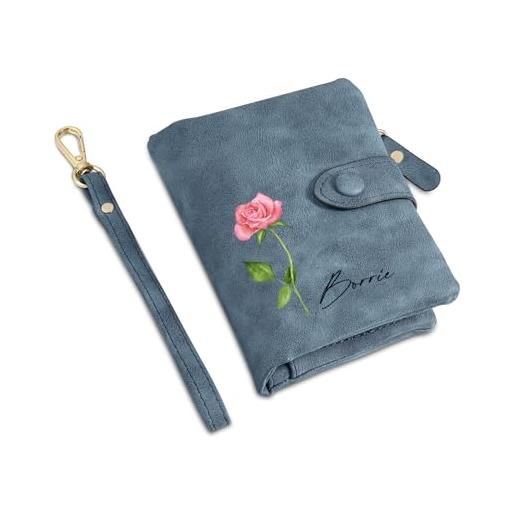 Dreamgem portafoglio donna piccolo - portafoglio donna personalizzaton con nome e fiore di nascita - portafoglio con tasca portamonete più scomparti per carte di credito (blu)