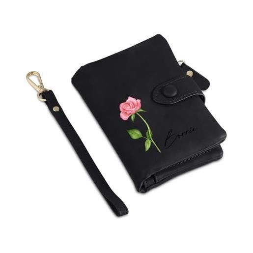 Dreamgem portafoglio donna piccolo - portafoglio donna personalizzaton con nome e fiore di nascita - portafoglio con tasca portamonete più scomparti per carte di credito (nero)