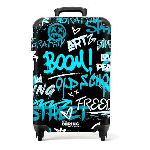 NoBoringSuitcases.com © valigia rigida con ruote, trolley, bagaglio a mano, 4 ruote, lucchetto tsa (street art con testi blu, 55x40x20 cm)