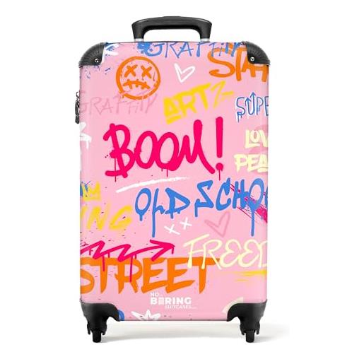 NoBoringSuitcases.com © valigia rigida con ruote, trolley, bagaglio a mano, 4 ruote, lucchetto tsa (sfondo rosa con graffiti colorati, 55x40x20 cm)