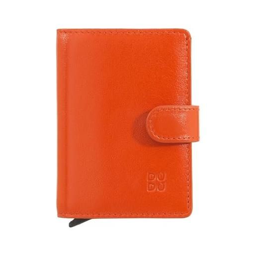 DuDu portafoglio portacarte uomo in pelle protezione rfid, piccolo miniwallet con cardprotector in alluminio, porta banconote e chiusura a bottone arancio