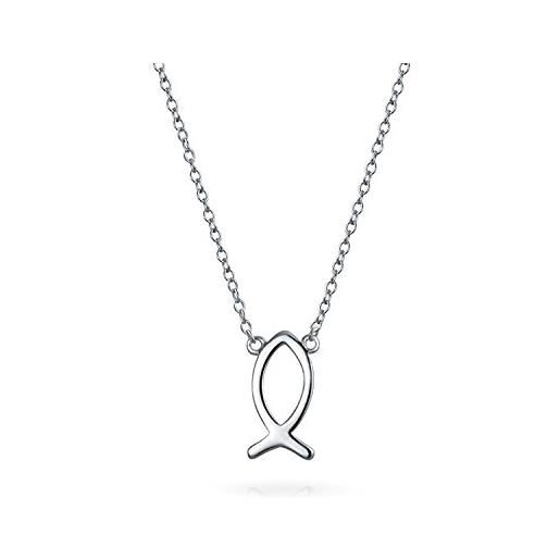 Bling Jewelry ciondolo piccolo e delicato a forma di pesce cristiano religioso ichthys con croce per donne adolescenti. In argento sterling. 925