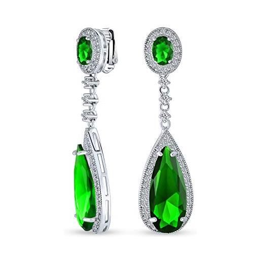 Bling Jewelry verde teardrop cubic zirconia dangle prom dichiarazione vite clip su orecchini simulato smeraldo argento placcato ottone