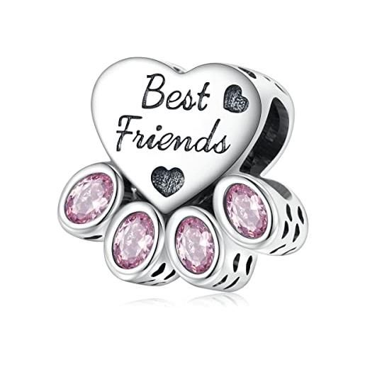 MEETCCY charm a tema gatto e cane, in argento sterling 925, con cuore o impronta della zampa dell'animale con cristalli rosa, compatibile con braccialetti pandora, cristallo